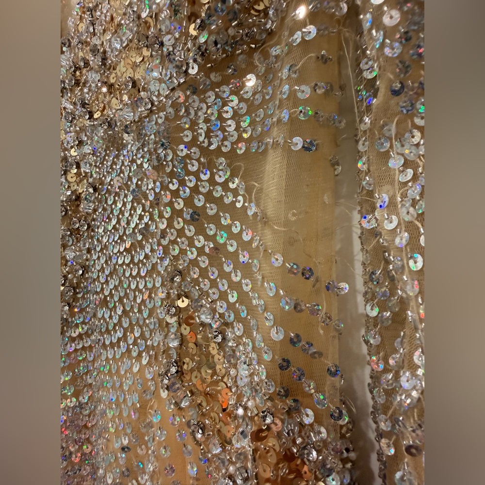 Jovani Gold Sequin Beaded Mini Dress | Long Sleeve Cocktail Dress Designer - Picture 7 of 14